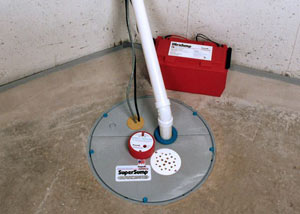 A sump pump system with a battery backup system installed in Penn Yan